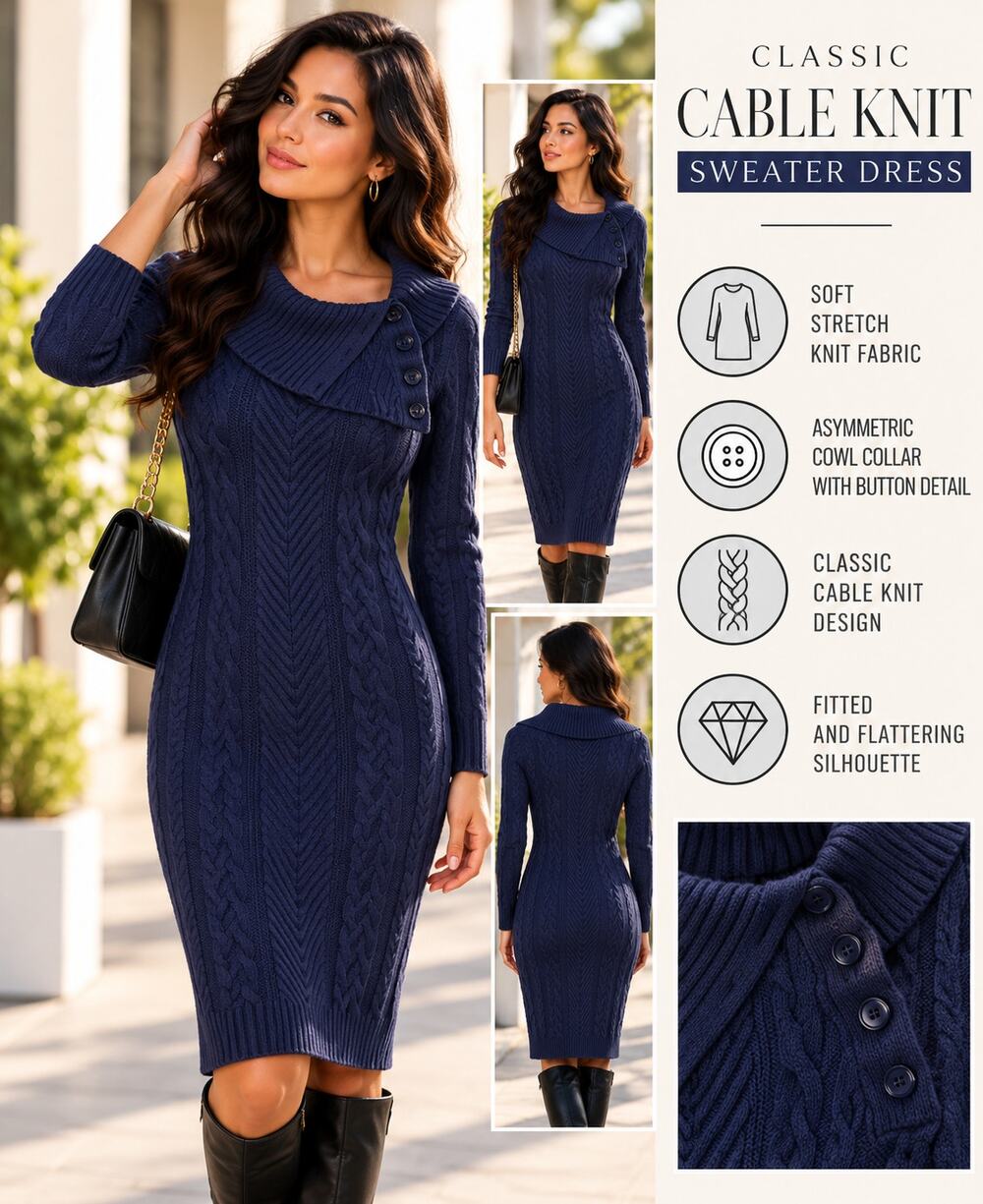 Cable Knit Sweater Dress Womens S Navy Blue Cowl Neck Button Detail Bodycon